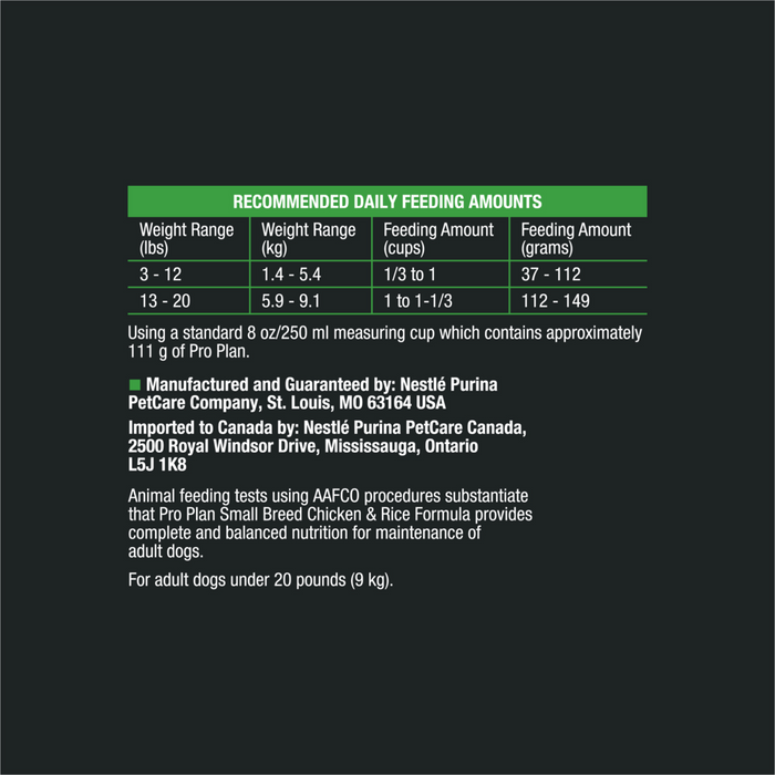 Purina Pro Plan Small Breed Serving Size Purina Pro Plan Adult