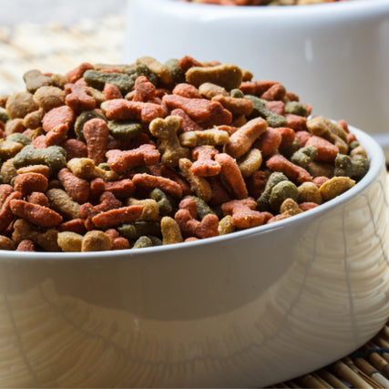 Limited Ingredient dietA white bowl brimming with colorful, bone-shaped dog biscuits in shades of orange, red, and green, set on a woven mat, creating a playful, appetizing scene.
