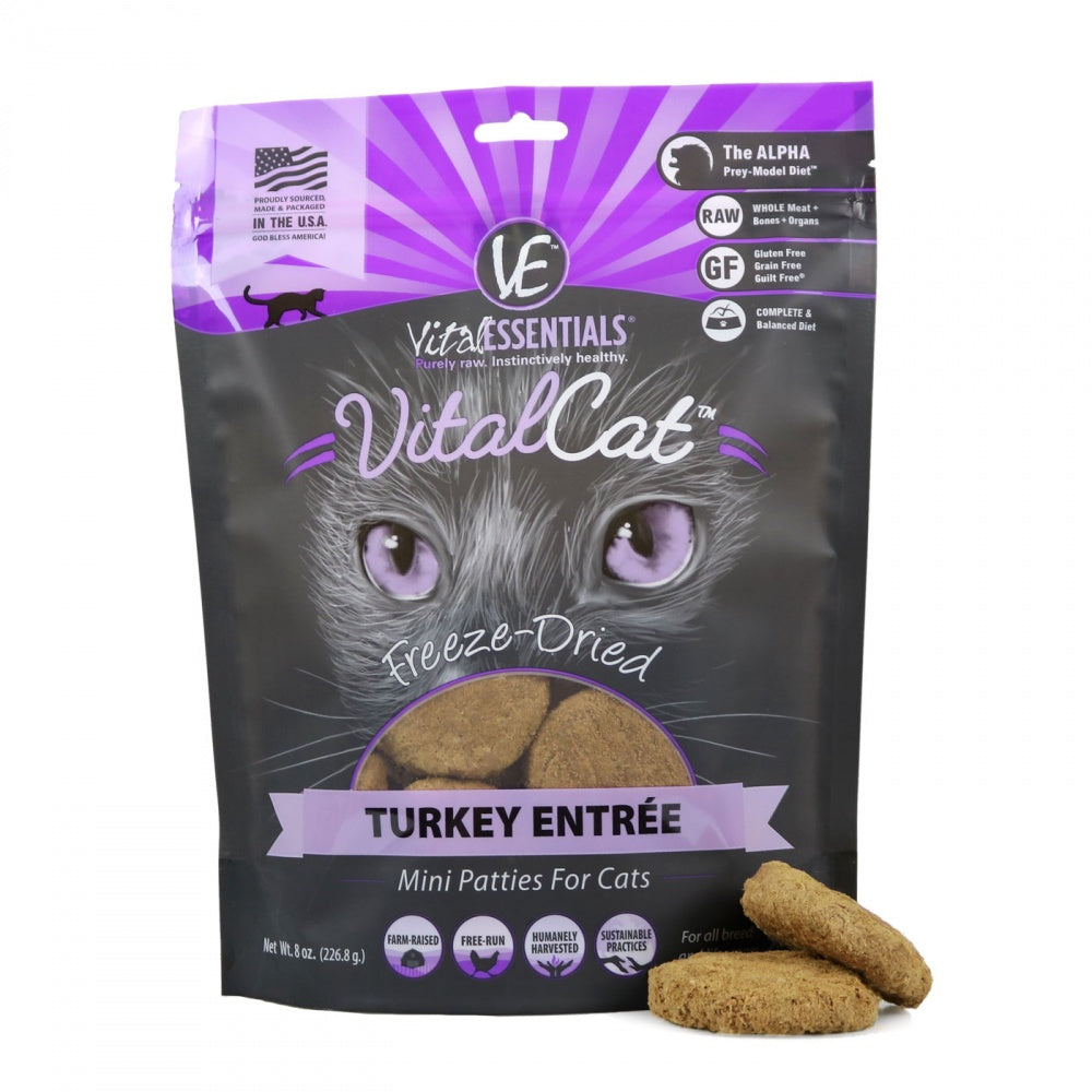Vital Essentials Freeze Dried Grain Free Turkey Mini Patties Limited Ingredient Entree for Cats