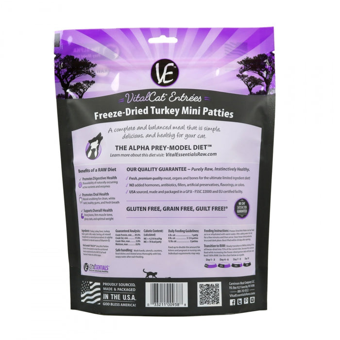 Vital Essentials Freeze Dried Grain Free Turkey Mini Patties Limited Ingredient Entree for Cats
